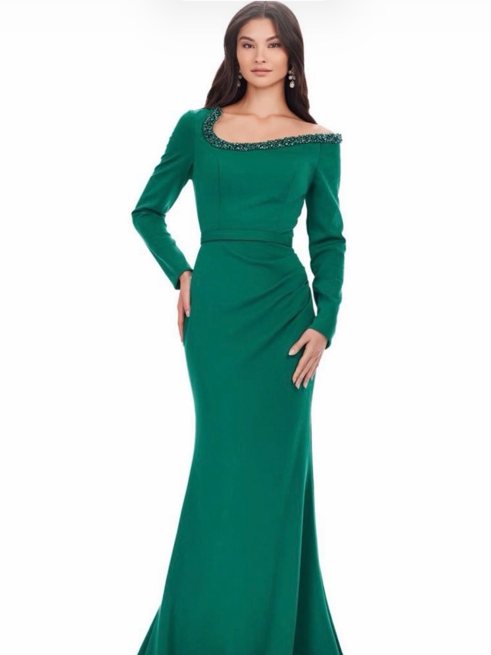 Ashley Lauren Emerald Off-Shoulder Long Evening Dress